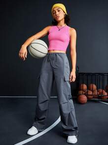 SHEIN Sports 女裝夏季露肩鵝卵織短款背心 - 玫紅色 - 查看 4