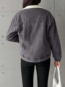 EURMUSE Women's Fleece Lined Denim Jacket With Fur Collar - Grey - View 2