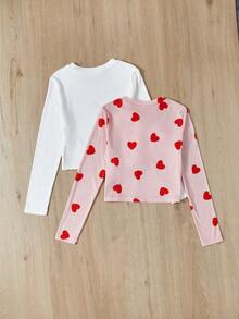 SHEIN 女童針織心型t卹 - 紅白色 - 查看 2