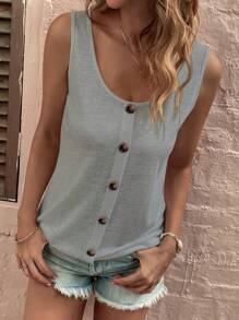 SHEIN LUNE Ladies' Solid Color Casual Button Detail Tank Top - Grey - View 3