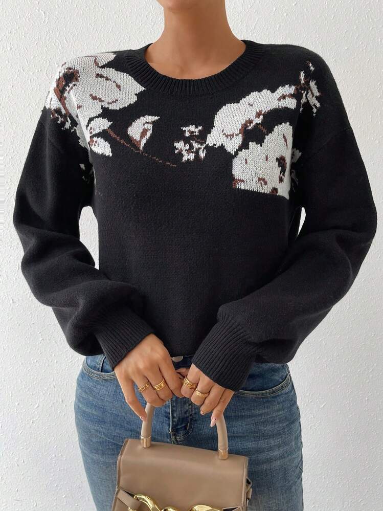 SHEIN LUNE Floral Pattern Drop Shoulder Knit Pullover Fall Winter Sweater - Multicolor - View 4