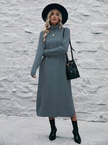 SHEIN LUNE Women's High Neck Side Slit Sweater Dress - Blue - View 5