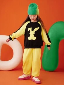 Tween 女童时尚撞色兔子图案运动衫和纯色运动裤套装（秋季）