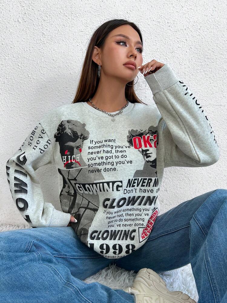 Newspaper Print Distressed Sweatshirt With Round Neckline Pullover Fall Sweatshirt