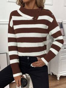 SHEIN LUNE Women's Striped Round Neck Long Sleeve Knit Pullover Fall Winter Sweater - Brown - View 4