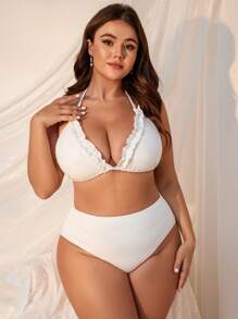 Swim Mod Summer Beach Women's Plus Size White Halter Neck, Spaghetti Strap, Lace Trim Bikini Set 3 Pieces Set