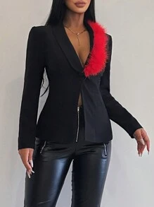SHEIN Unity Colorblock Plush Decoration Shawl Collar Blazer Jacket Fall Cloth For Women - Black - View 1