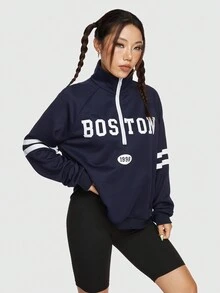 ROMWE Avant 復古大學風格字母印花拉鍊半扣領套頭女士運動衫 - 藏蓝色 - 查看 6