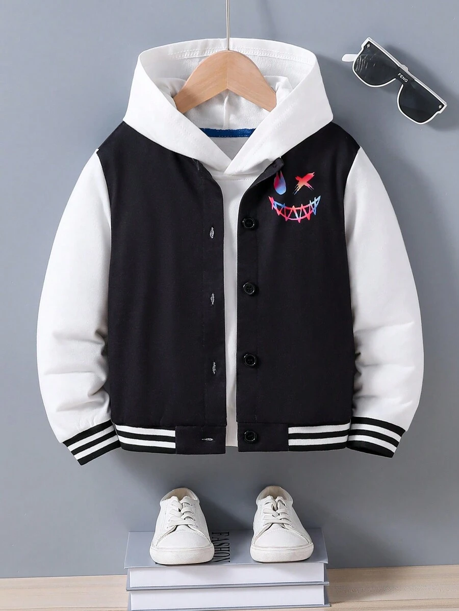 SHEIN 年轻男孩拼色电子卡通印花棒球服夹克（不含运动衫） - 杏色 - 查看 1