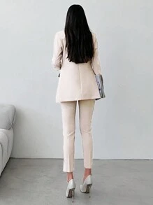 SHEIN 大码女士商务杏色纯色双排扣西装外套及高腰系带裤 - 杏色 - 查看 2