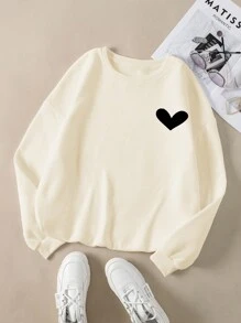 SHEIN LUNE 1 Miếng Hình trái tim Vòng cổ Tay áo dài Áo nỉ - Màu be - Xem 3