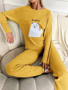 RueChic 2 件/套字母卡通刺繡長袖 T 恤和褲子家居服套裝 - 棕色 - 查看 3