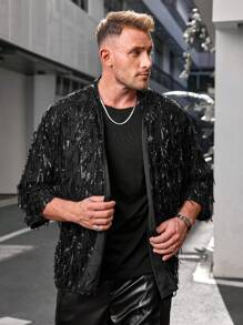 GENTILAND Men's Plus Size Casual Sequin Tassel Short Sleeve Shirt - Black - View 1