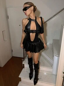 SHEIN ICON Belted Halter Neck Wide Pleated Hem Black PU Dress - Black - View 2