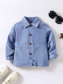 SHEIN Boys' Blue Texture Patchwork Long Sleeve Shirt For Autumn & Winter - Blue - View 1