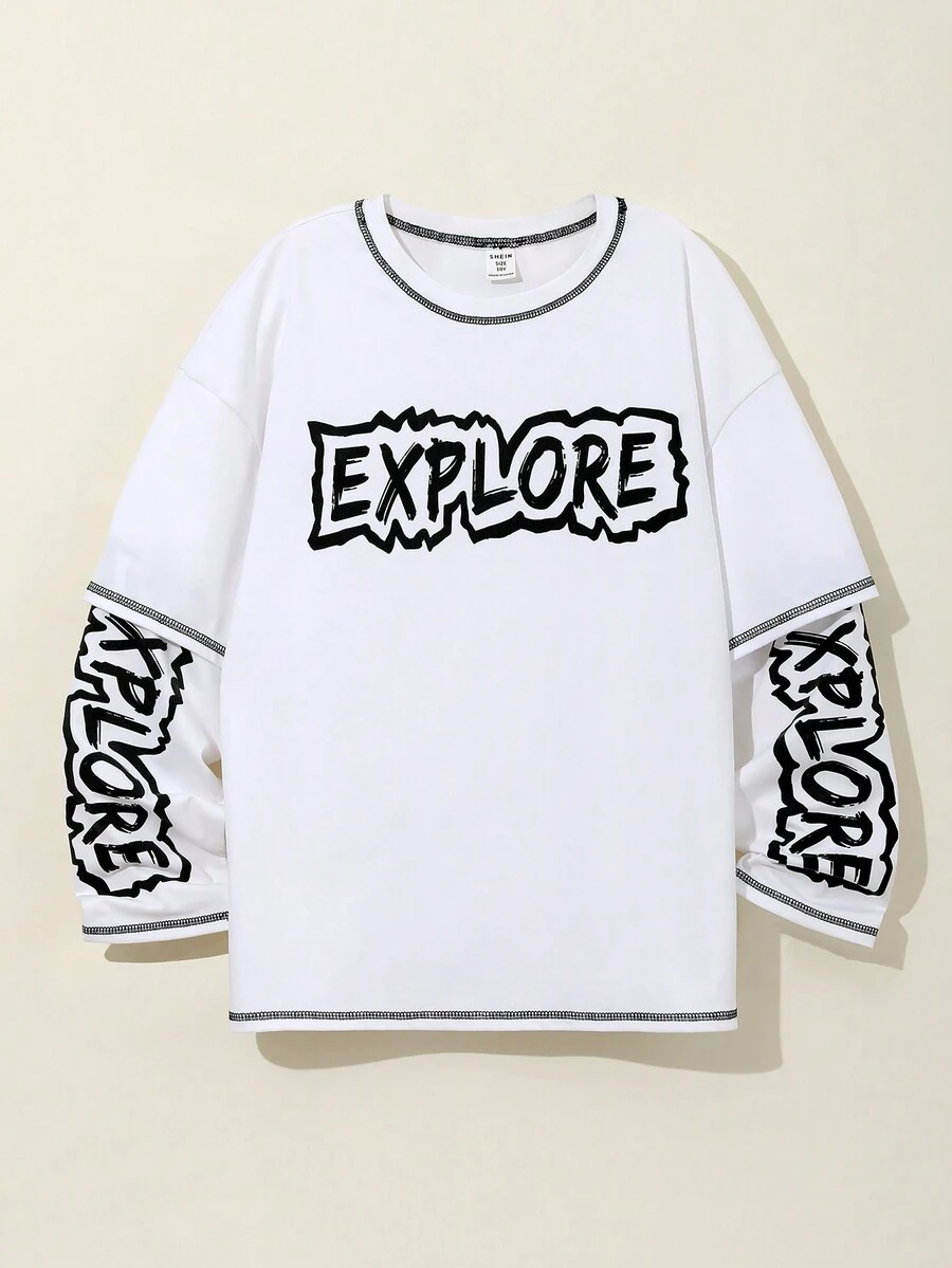 SHEIN 男孩休閒鬆身圓領套頭針織 T 恤, 印刷英文字母 - 白色 - 查看 1