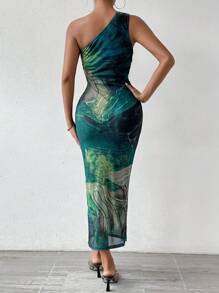 Chiquease Tie-Dye Bodycon One Shoulder Dress Maxi Women Outfit - Green - View 2