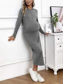 SHEIN Robe De Maternité À Capuche Couleur Unie - Gris - Voir 1