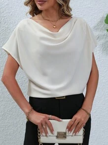 SHEIN Privé Draped Collar Batwing Sleeve Blouse - Apricot - View 4