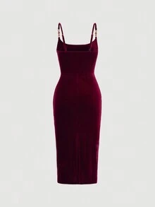 SHEIN MOD 女性瘦身鈕扣細節細肩帶連身裙 - 酒紅色 - 查看 5