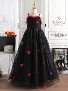 SHEIN Cô gái Lưới Ăn mặc trang trọng , Dây đai mỏng Bữa tiệc công chúa Lễ cưới Dạ hội Sinh nhật Trang phục dạ hội - màu đen - Xem 1