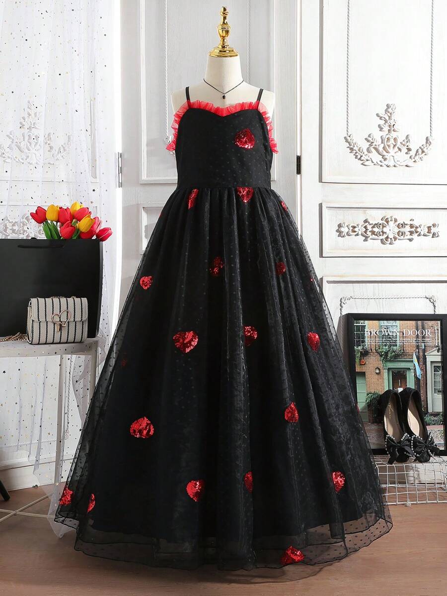 SHEIN Cô gái Lưới Ăn mặc trang trọng , Dây đai mỏng Bữa tiệc công chúa Lễ cưới Dạ hội Sinh nhật Trang phục dạ hội - màu đen - Xem 1