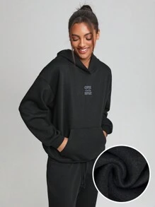 JoyandElle Artist Women's Letter Print Long Sleeve Hoodie, Holiday, Thanksgiving, Winter - Black - View 1