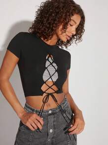 Hauture Mode effen kanten crop top met strik aan de voorkant