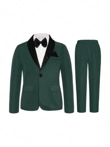 SHEIN Tween Boy Color Block Shawl Collar Gentleman Suit - Dark Green - View 1