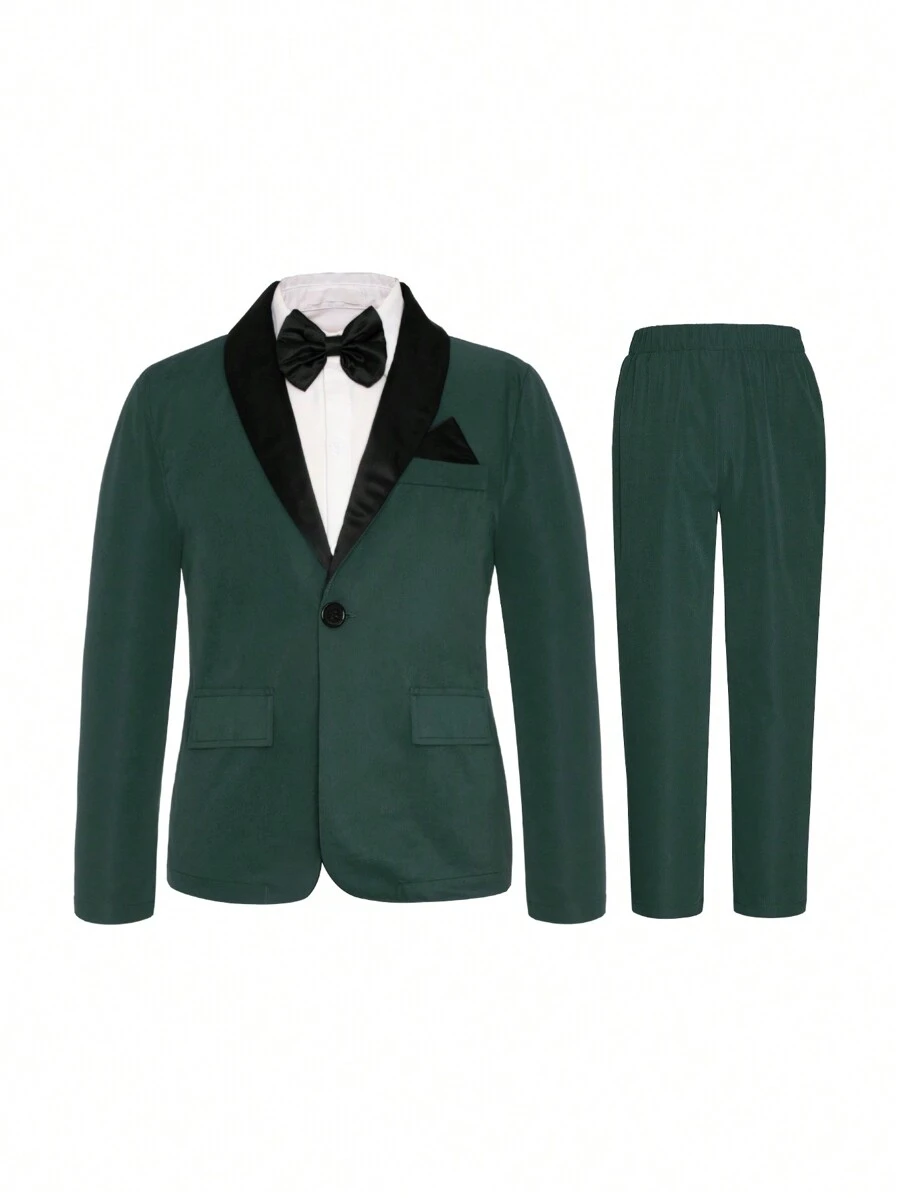 SHEIN Tween Boy Color Block Shawl Collar Gentleman Suit - Dark Green - View 1
