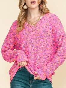 Đầy màu sắc Điểm Dệt kim Cổ v Thả vai Áo len - Hồng - Xem 4