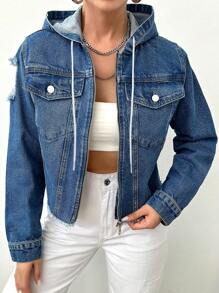 EURMUSE Women's Ripped Denim Jacket - Medium Wash - View 1