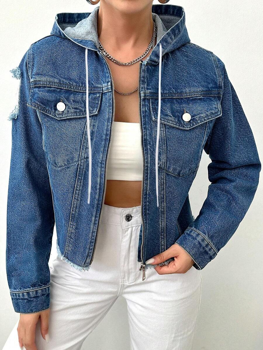 EURMUSE Women's Ripped Denim Jacket - Medium Wash - View 1