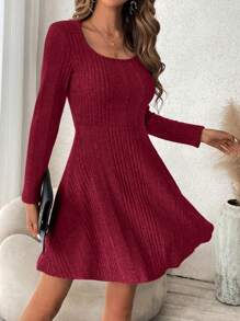 SHEIN Frenchy Của phụ nữ Màu thuần Textured Đồ đan Ribbed Vòng cổ Đầm Áo len - Đỏ - Xem 3
