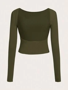 SHEIN BAE Dệt kim Mở Lưng Tay áo dài Áo thun - xanh quân đội - Xem 2