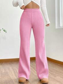 SHEIN EZwear Ladies' Solid Color Flare Leg Sweater Pants - Pink - View 5