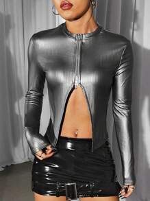 SHEIN ICON Slim-fit Coated Ribbed Double Zipper Slit Hem Long Sleeve T-shirt - Grey - View 1