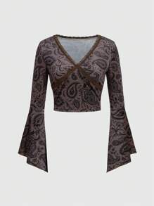 NMD STUDIO 女式paisley印花喇叭袖t恤 - 棕色 - 查看 1