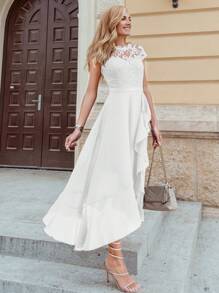 MIUSOL Đầm maxi dự tiệc trang trọng với ren hoa tương phản, chất liệu chiffon, viền xếp ly. - trắng - Xem 2