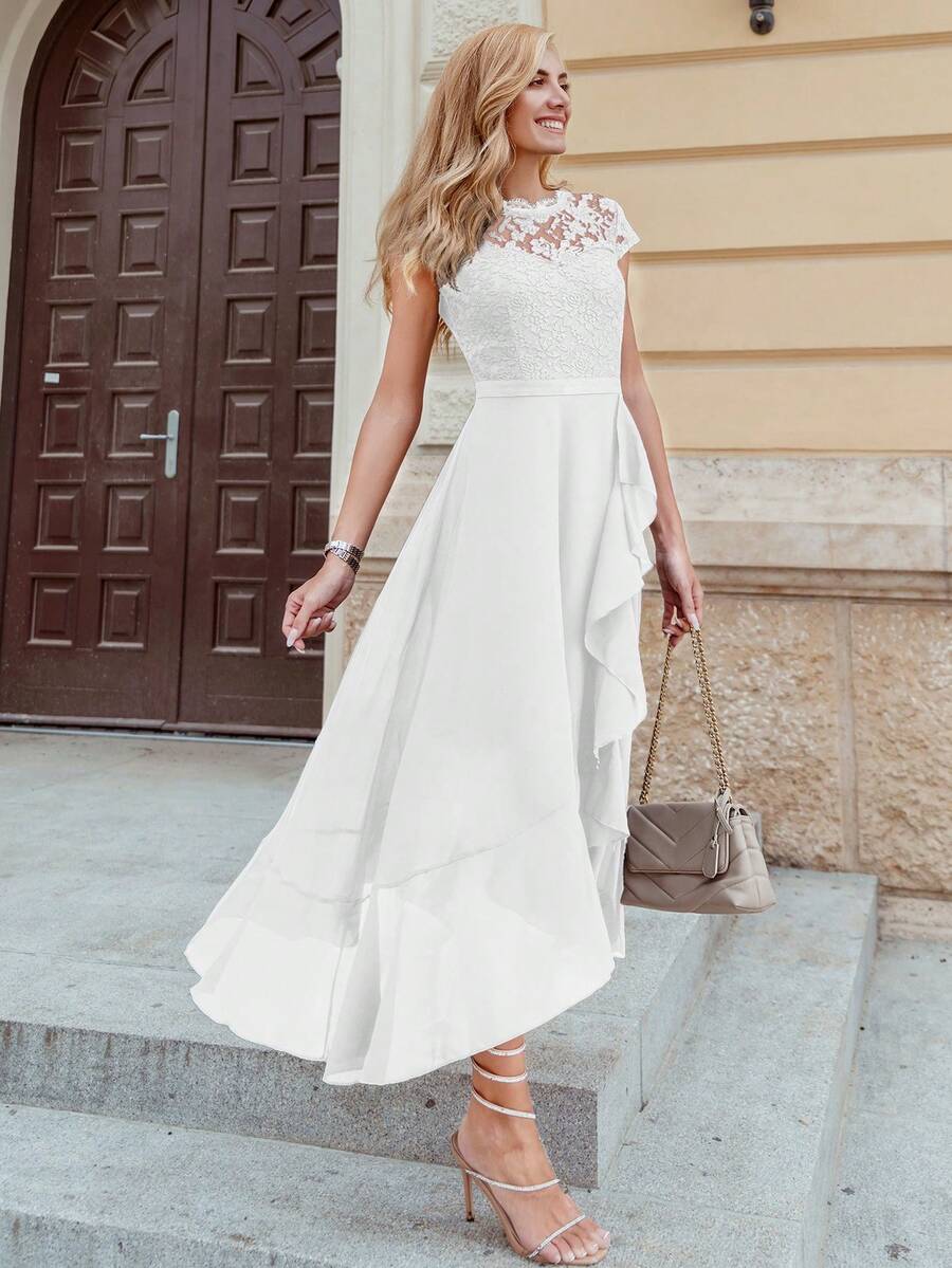 MIUSOL Đầm maxi dự tiệc trang trọng với ren hoa tương phản, chất liệu chiffon, viền xếp ly.