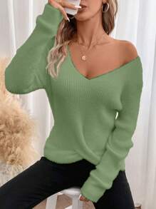 SHEIN Frenchy Ladies' Twisted Knit Sweater With Fringed Hem Winter Green Casual Christmas - Green - View 5