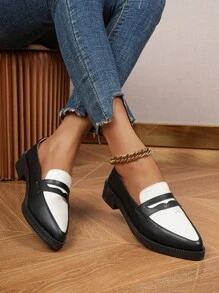 Women's Flat Pointed Toe Oxfords Shoes - Black and White - View 1