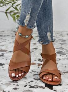 女款大尺碼一腳蹬舒適輕便休閒平底涼鞋適合春夏服裝 - 棕色 - 查看 4