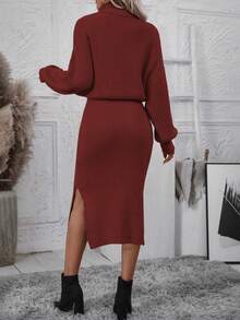 SHEIN Privé Màu thuần Áo cao cổ Tay áo lồng đèn Đầm Áo len - Đỏ - Xem 2