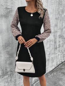 EMERY ROSE Vá lại In Tay áo lồng đèn Thon gọn Vòng cổ Đầm - màu đen - Xem 6