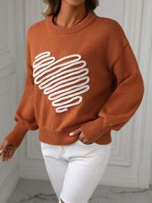 SHEIN LUNE Women's Heart Embroidery Drop Shoulder Knit Pullover Fall Winter Sweater - Orange - View 4