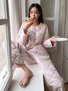 DAZY Women's Chinese Style Flower Printed Thickened Pajama Set For Home Fall,Winter - Pink - View 8