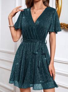 SHEIN Privé 裹領繫帶亮片連身裙 - 藍色 - 查看 3