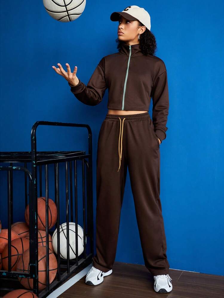 Streetz SHEIN Sport Đứng cổ áo Dây kéo Màu thuần Thể thao Bộ đồ - màu nâu - Xem 1