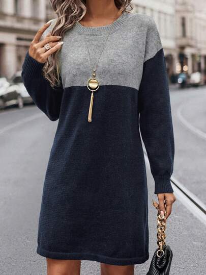 Autumn Winter New Fashion Casual Color Block Crew Neck Long Sleeve Sweater Dress For Women